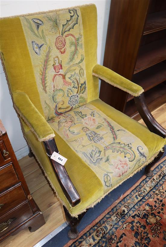 A mahogany tapestry-upholstered Gainsborough chair